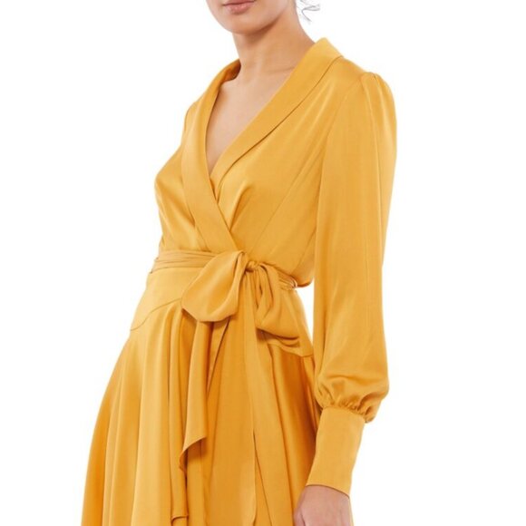 Mac Duggal 70135 Size 0 Sunflower Marigold Mango Yellow Satin Short Wrap Dress - Picture 2 of 2